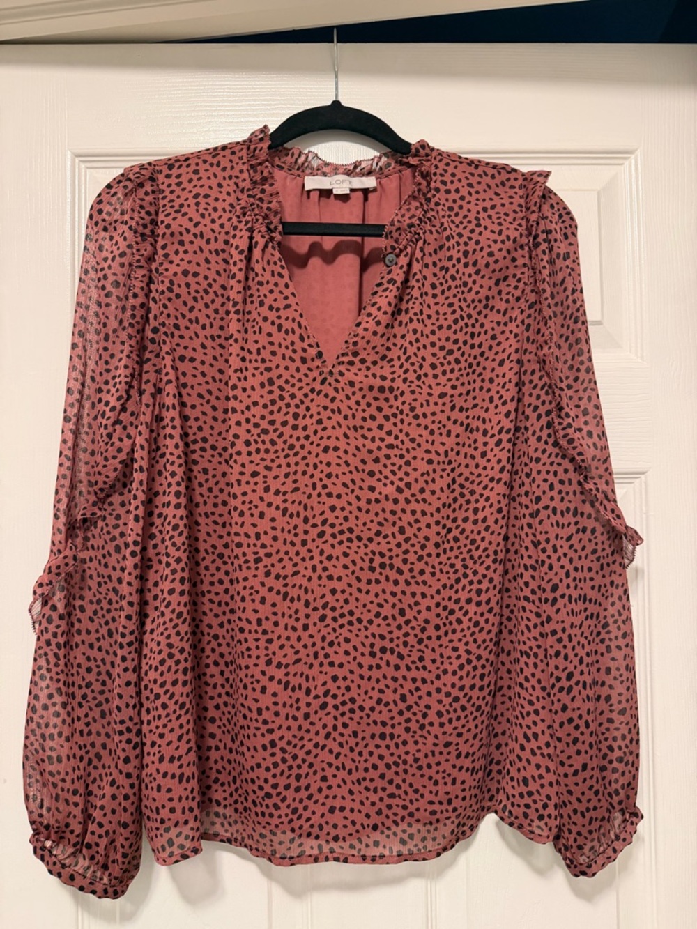 LOFT Dusty Rose Black Dot V-Neck Long Sleeve Blouse